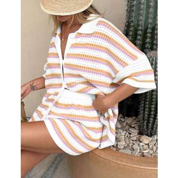 Flygo Cozy Striped Crochet Pajama Set for Women