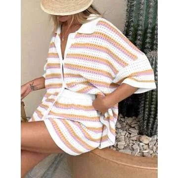 Flygo Cozy Striped Crochet Pajama Set for Women