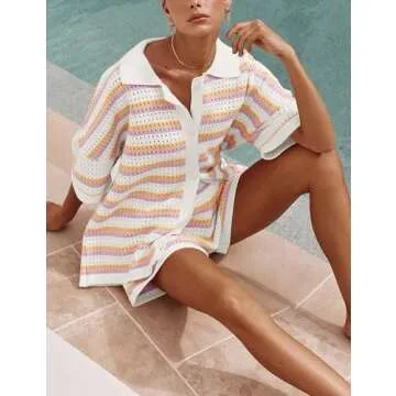 Flygo Cozy Striped Crochet Pajama Set for Women