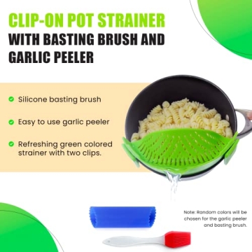 Clip-On Kitchen Food Strainer for Spaghetti, Meat, Pasta, & Ground Beef Grease, Colander & Sieve Snaps or Clip On Bowls, Pots & Pans. Includes Silicone Strainer Drainer, Brush & Garlic Peeler (Green)