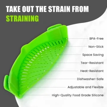 Clip-On Kitchen Food Strainer for Spaghetti, Meat, Pasta, & Ground Beef Grease, Colander & Sieve Snaps or Clip On Bowls, Pots & Pans. Includes Silicone Strainer Drainer, Brush & Garlic Peeler (Green)