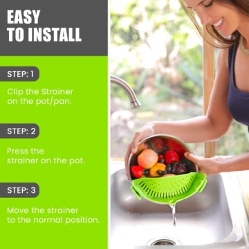 Clip-On Kitchen Food Strainer for Spaghetti, Meat, Pasta, & Ground Beef Grease, Colander & Sieve Snaps or Clip On Bowls, Pots & Pans. Includes Silicone Strainer Drainer, Brush & Garlic Peeler (Green)