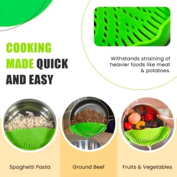 Clip-On Kitchen Food Strainer for Spaghetti, Meat, Pasta, & Ground Beef Grease, Colander & Sieve Snaps or Clip On Bowls, Pots & Pans. Includes Silicone Strainer Drainer, Brush & Garlic Peeler (Green)