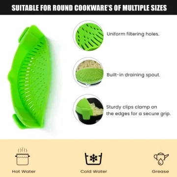 Clip-On Kitchen Food Strainer for Spaghetti, Meat, Pasta, & Ground Beef Grease, Colander & Sieve Snaps or Clip On Bowls, Pots & Pans. Includes Silicone Strainer Drainer, Brush & Garlic Peeler (Green)