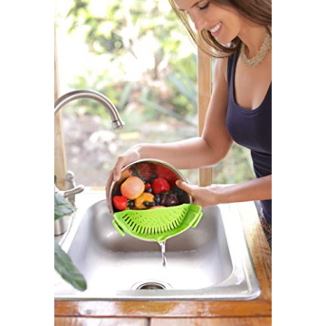 Clip-On Kitchen Food Strainer for Spaghetti, Meat, Pasta, & Ground Beef Grease, Colander & Sieve Snaps or Clip On Bowls, Pots & Pans. Includes Silicone Strainer Drainer, Brush & Garlic Peeler (Green)