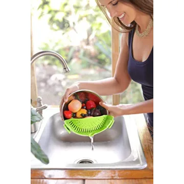 Clip-On Kitchen Food Strainer for Spaghetti, Meat, Pasta, & Ground Beef Grease, Colander & Sieve Snaps or Clip On Bowls, Pots & Pans. Includes Silicone Strainer Drainer, Brush & Garlic Peeler (Green)
