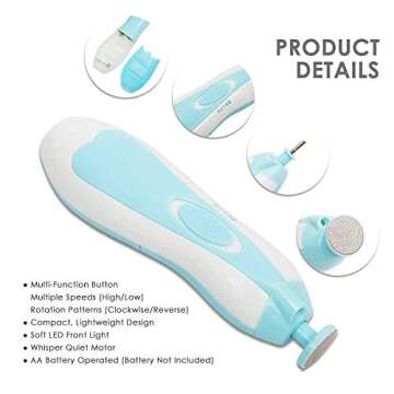 Baby Nail File Electric, Nail Trimmer for Baby with Light, 10 Replacement Pads and 4 Speed Control Modes for Newborn Infant Toddler Kids Women Adult Toes and Fingernails - Baby Nail Kit