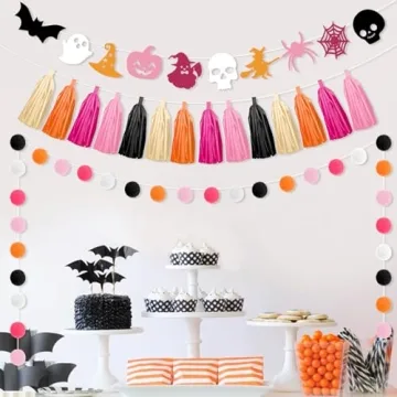 Kreatwow Pink Orange Halloween Birthday Decoration Halloween Tassel Garland Banner Halloween Hanging Garland Skull Bat Spider Ghost Supplies for Birthday Wedding Baby Bridal Shower Bunting Supplies