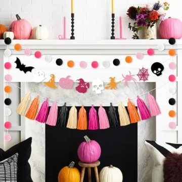 Kreatwow Pink Orange Halloween Birthday Decoration Halloween Tassel Garland Banner Halloween Hanging Garland Skull Bat Spider Ghost Supplies for Birthday Wedding Baby Bridal Shower Bunting Supplies