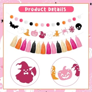 Kreatwow Pink Orange Halloween Birthday Decoration Halloween Tassel Garland Banner Halloween Hanging Garland Skull Bat Spider Ghost Supplies for Birthday Wedding Baby Bridal Shower Bunting Supplies