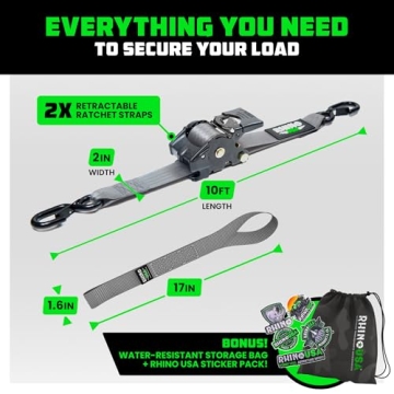 Rhino USA Retractable Ratchet Straps - 10 Feet - Heavy Duty Tie Downs