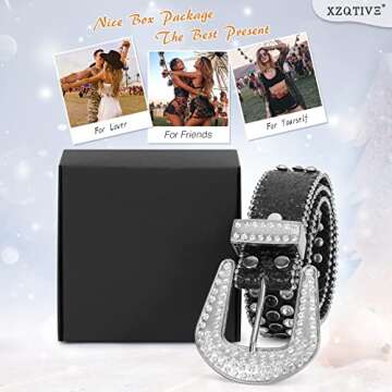 XZQTIVE Rhinestone Studded Western Leather Belt, Men Women Vintage Cowgirl Cowboy Bling Design Crystal Diamond Waist Belts for Pants Jeans Dress(4-Black (Silver Buckle), Fit waist 30-32 inch)