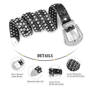 XZQTIVE Rhinestone Studded Western Leather Belt, Men Women Vintage Cowgirl Cowboy Bling Design Crystal Diamond Waist Belts for Pants Jeans Dress(4-Black (Silver Buckle), Fit waist 30-32 inch)
