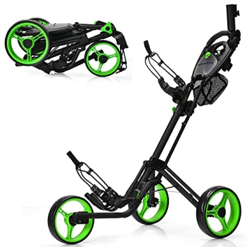 GYMAX Folding Golf Push Cart - Lightweight Golf Trolley with Umbrella Holder
