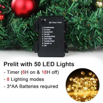 24" Pre-Lit Christmas Wreath with Lights - 50 LED and Timer, 8 Lighting Modes - Battery Operated Chr...