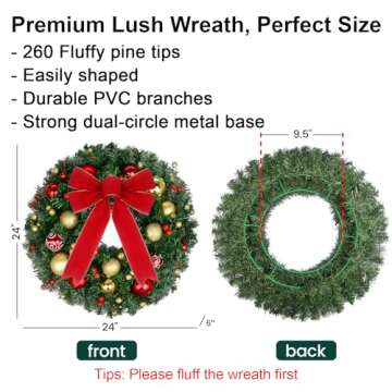 24" Pre-Lit Christmas Wreath with Lights - 50 LED and Timer, 8 Lighting Modes - Battery Operated Christmas Door Wreath with Balls Ornaments, Bowknot, Wreath Hanger for Christmas Outdoor Decorations