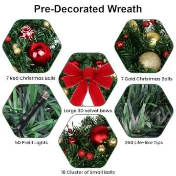 24" Pre-Lit Christmas Wreath with Lights - 50 LED and Timer, 8 Lighting Modes - Battery Operated Christmas Door Wreath with Balls Ornaments, Bowknot, Wreath Hanger for Christmas Outdoor Decorations