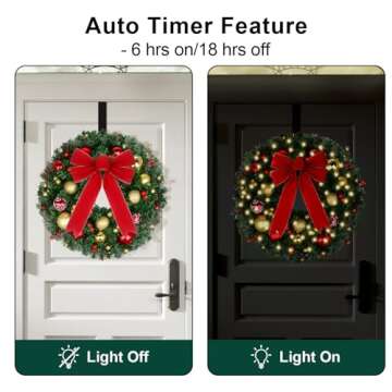 24" Pre-Lit Christmas Wreath with Lights - 50 LED and Timer, 8 Lighting Modes - Battery Operated Christmas Door Wreath with Balls Ornaments, Bowknot, Wreath Hanger for Christmas Outdoor Decorations