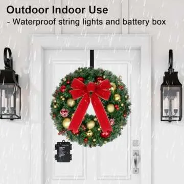 24" Pre-Lit Christmas Wreath with Lights - 50 LED and Timer, 8 Lighting Modes - Battery Operated Christmas Door Wreath with Balls Ornaments, Bowknot, Wreath Hanger for Christmas Outdoor Decorations