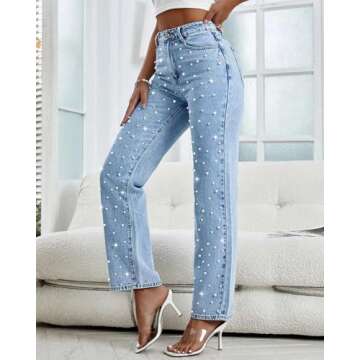 EZAPINE Pull On Jeans for Women High Waisted Straight Leg Stretchy Flare Bootcut Denim Pants Pearl Embroidered Pants Blue