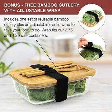 Glass Food Storage Containers with Eco Friendly, Sustainable Bamboo Lids, Set of 4. Plastic Free, BPA Free. Includes Bamboo Cutlery & Adjustable Wrap. Glass Bento Box Great for Meal Prep (assorted)