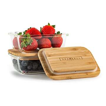 Glass Food Storage Containers with Eco Friendly, Sustainable Bamboo Lids, Set of 4. Plastic Free, BPA Free. Includes Bamboo Cutlery & Adjustable Wrap. Glass Bento Box Great for Meal Prep (assorted)
