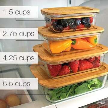 Glass Food Storage Containers with Eco Friendly, Sustainable Bamboo Lids, Set of 4. Plastic Free, BPA Free. Includes Bamboo Cutlery & Adjustable Wrap. Glass Bento Box Great for Meal Prep (assorted)