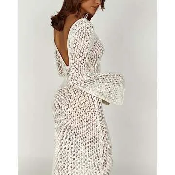 Women See Through Knit Long Dress Long Sleeve Crochet Maxi Bodycon Dress Backless Beach Bikini Cover Up Dresses(Ad White Vneck,Small)