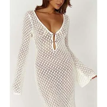 Women See Through Knit Long Dress Long Sleeve Crochet Maxi Bodycon Dress Backless Beach Bikini Cover Up Dresses(Ad White Vneck,Small)