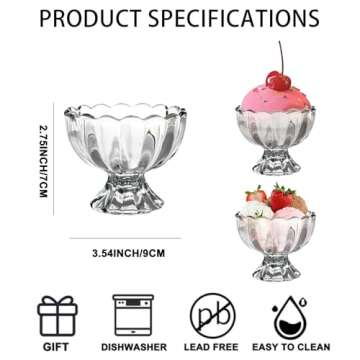 CHPINDAM Vintage Glass Dessert Bowls, Ice Cream cups, 5oz Dessert cups, for Sundae, Fruit, Ice Cream...