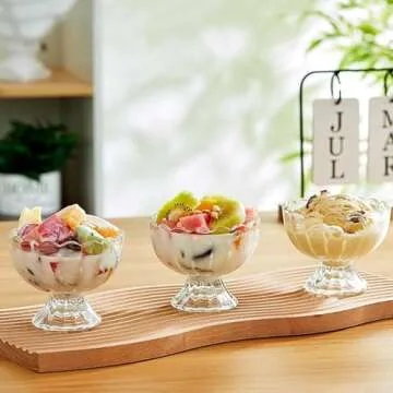 CHPINDAM Vintage Glass Dessert Bowls, Ice Cream cups, 5oz Dessert cups, for Sundae, Fruit, Ice Cream, Pudding, small snacks,Condiment (12)