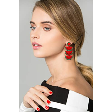 Beaded Dangle Earrings Handmade Bead Avocado Pineapple Watermelon Earrings Bohemia Statement Fruit Drop Earrings Summer Beach Jewelry Gifts (B Red Watermelon)