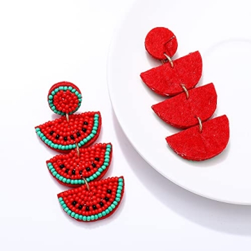 Beaded Dangle Earrings Handmade Bead Avocado Pineapple Watermelon Earrings Bohemia Statement Fruit Drop Earrings Summer Beach Jewelry Gifts (B Red Watermelon)