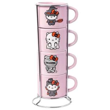 Silver Buffalo Sanrio Hello Kitty Halloween 4 Pack Stackable Ceramic Mug Set With Storage Rack, 3 Ounces