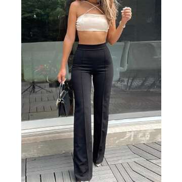 LIVECLOTH Casual Daily Work Business Wear Bell Flare Trousers, Women's High Waisted Straight-Leg Pants with Back Zip Closure, Black Flare Dress Pants for Women (Black, S)