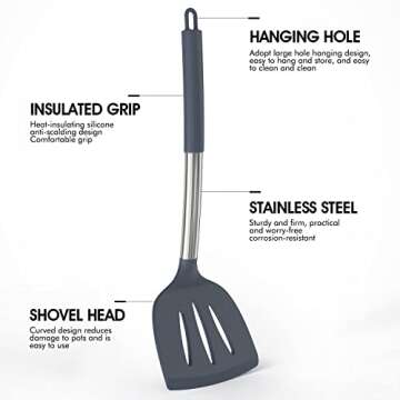 Dishwasher Safe Large Silicone Cooking Utensils Set - Heat Resistant Silicone Kitchen Utensils for Cooking, Spatula Sets, Kitchen Utensil Gadgets for Non-Stick Cookware, BPA FREE (Grey)