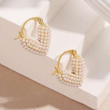 KesaPlan Pearl Hoop Earrings for Women 14K Gold Plated Hypoallergenic Pearl Earrings Lightweight Small Hoop Earrings for Wedding Brides