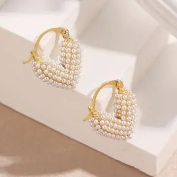 KesaPlan Pearl Hoop Earrings for Women 14K Gold Plated Hypoallergenic Pearl Earrings Lightweight Small Hoop Earrings for Wedding Brides