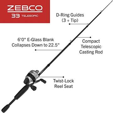 Zebco 33 Spincast Reel and Telescopic Fishing Rod Combo, Extendable 22.5-Inch to 6-Foot E-Glass Fish...