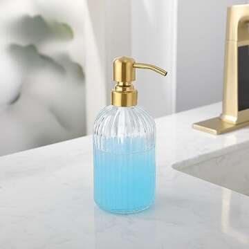 Leetcp Gold Glass Soap Dispenser with Rust Proof Metal Pump,16oz Vintage Soap Dispenser,Clear Glass Dish Soap Dispenser for Bathroom,Gold Kitchen Hand Soap Dispenser,Gold Antique Soap Dispenser