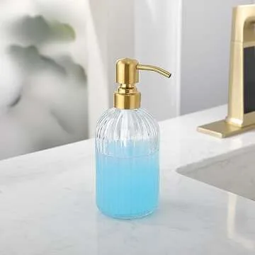 Leetcp Gold Glass Soap Dispenser with Rust Proof Metal Pump,16oz Vintage Soap Dispenser,Clear Glass Dish Soap Dispenser for Bathroom,Gold Kitchen Hand Soap Dispenser,Gold Antique Soap Dispenser