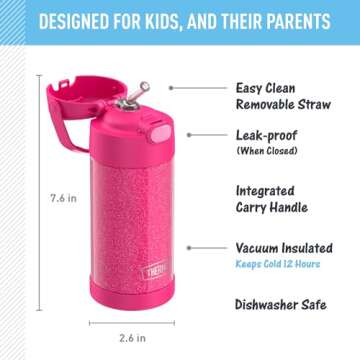 THERMOS FUNTAINER Water Bottle with Straw - 12 Ounce - Kids Stainless Steel Vacuum Insulated Water Bottle with Lid, Pink Glitter