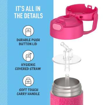 THERMOS FUNTAINER Water Bottle with Straw - 12 Ounce - Kids Stainless Steel Vacuum Insulated Water Bottle with Lid, Pink Glitter
