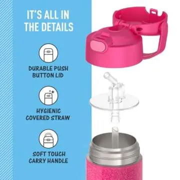 THERMOS FUNTAINER Water Bottle with Straw - 12 Ounce - Kids Stainless Steel Vacuum Insulated Water Bottle with Lid, Pink Glitter