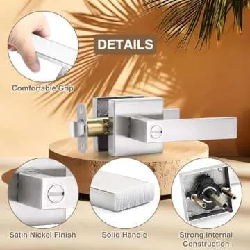 6 Pack Square Door Lever Privacy Door Lock Handleset, Keyless Lockset Door Knobs Interior Door Knobs Storage Room Bathroom Set Reversible Keyless Flat Levers in Satin Nickel