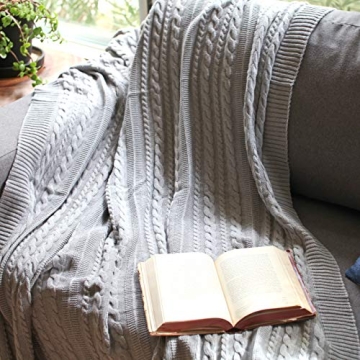 Organic Cotton Cable Knit Throw Blanket Soft Warm Grey
