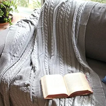 Organic Cotton Cable Knit Throw Blanket Soft Warm Grey