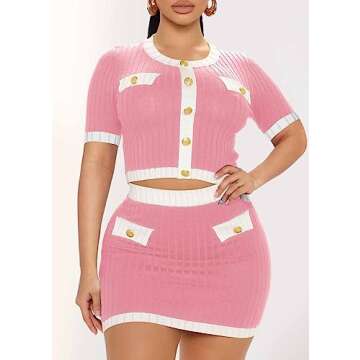 MOEENCN 2 Piece Skirt Set for Women Bodycon Summer Short Sleeve Sweater Crop Top and Mini Dress Outfits Party Clubwear Pink M