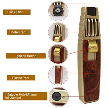 JOBON Solar Beam Torch, Adjustable Flame Butane Refillable Culinary Cooking Lighter for Baking Creme Brûlée Kitchen BBQ Camping - No Gas Included (Gold with Red)