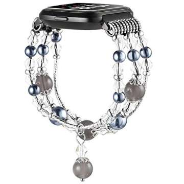 Simpeak Band Compatible with Fitbit Versa/Versa 2 / Versa Lite/Versa SE Smartwatch,Bracelet Elastic Beaded Pearl Band Replacement for Fitbit Versa,Women, Black
